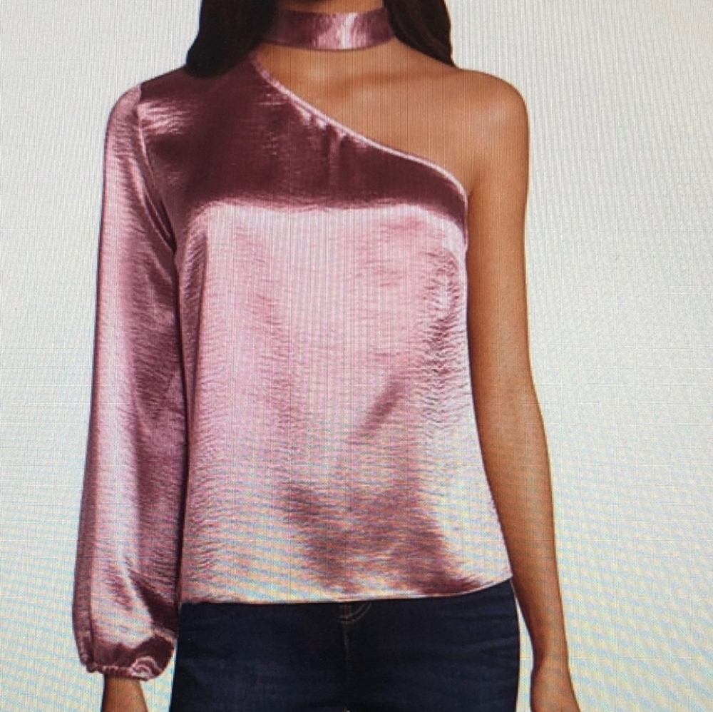 project RUNWAY One-Shoulder Metallic Pink Satin Blouse with Choker